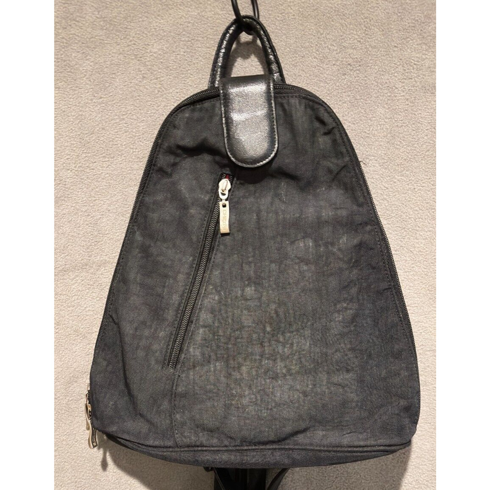 Chico's Travel Black Leather Zipper Strap Nylon Small Backpack